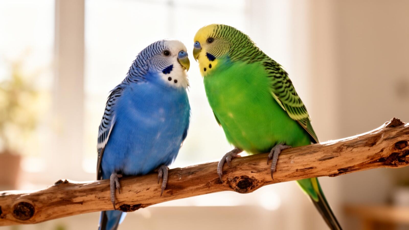 Two budgie parakeets perched together near a bright window