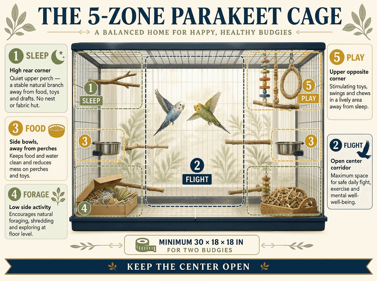 Five safe zones in a parakeet cage: sleep, flight, food, forage and play
