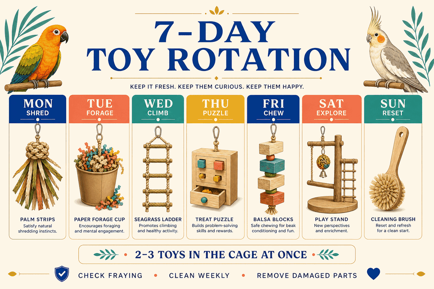 Seven-day parakeet toy rotation with shredding, foraging, climbing, puzzle, chewing, exploring and reset activities