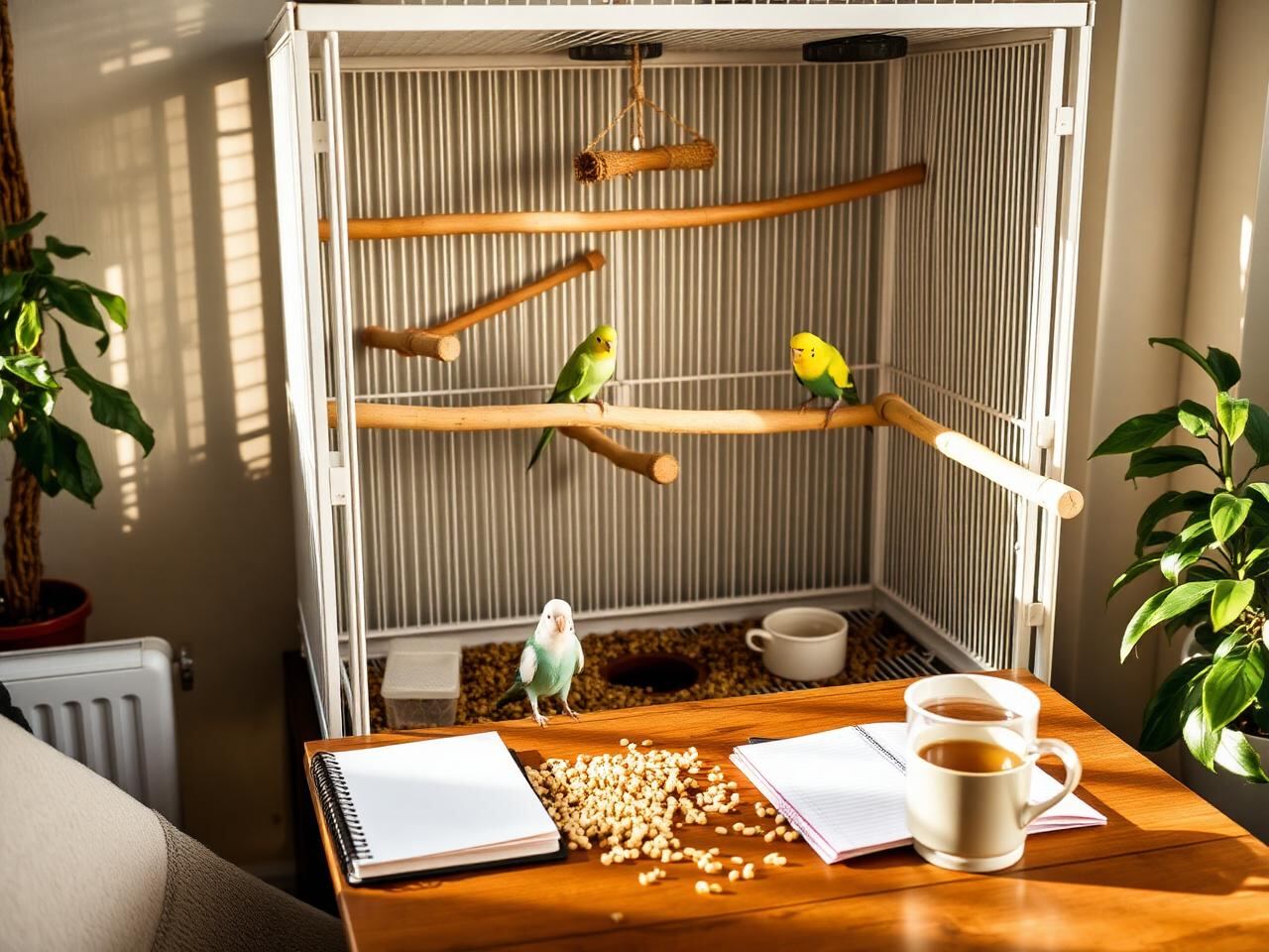 Emily's home flight cage with two budgies on natural-wood perches