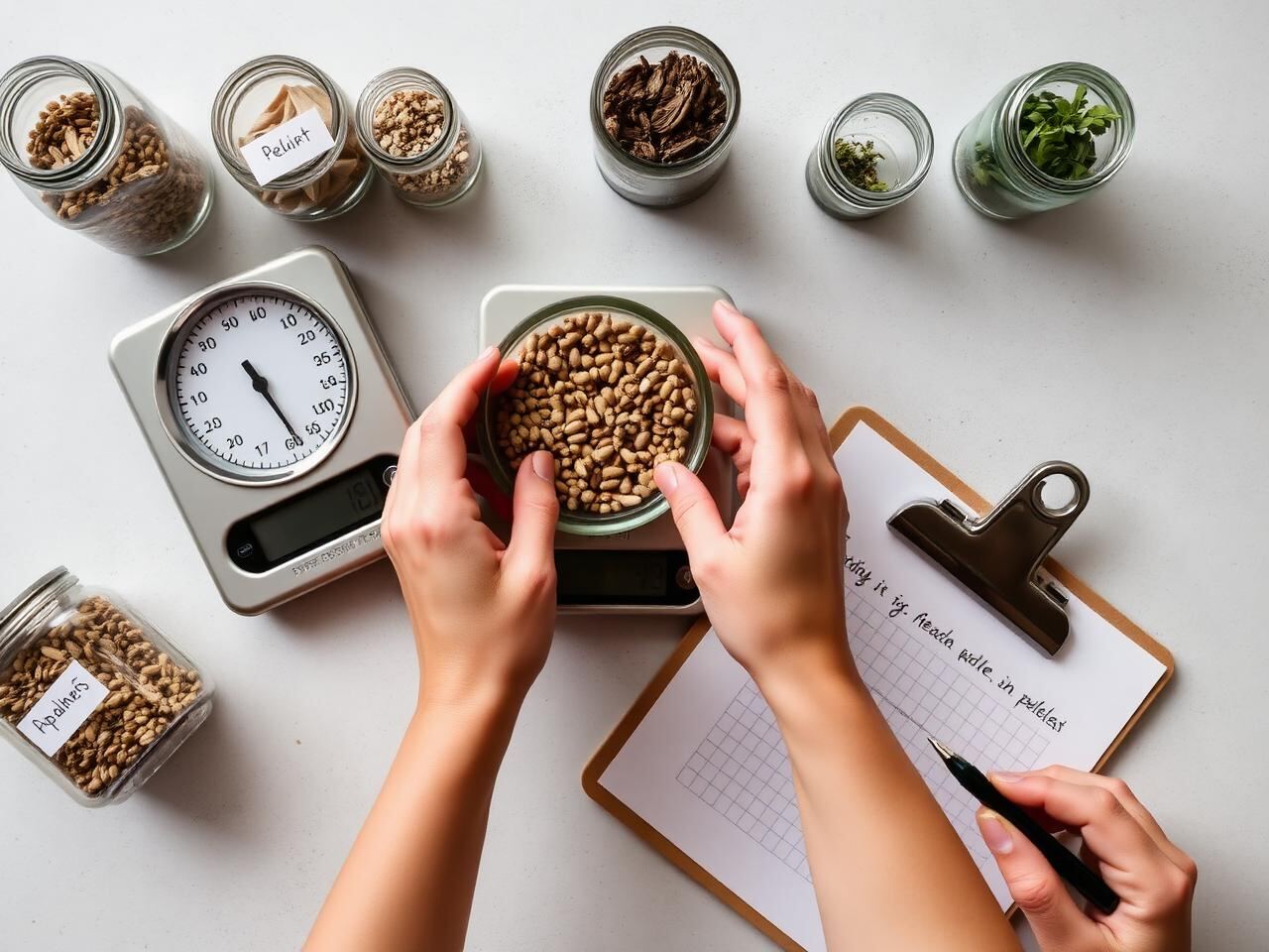 Hands weighing pellets on a kitchen scale beside labelled jars of seeds and herbs