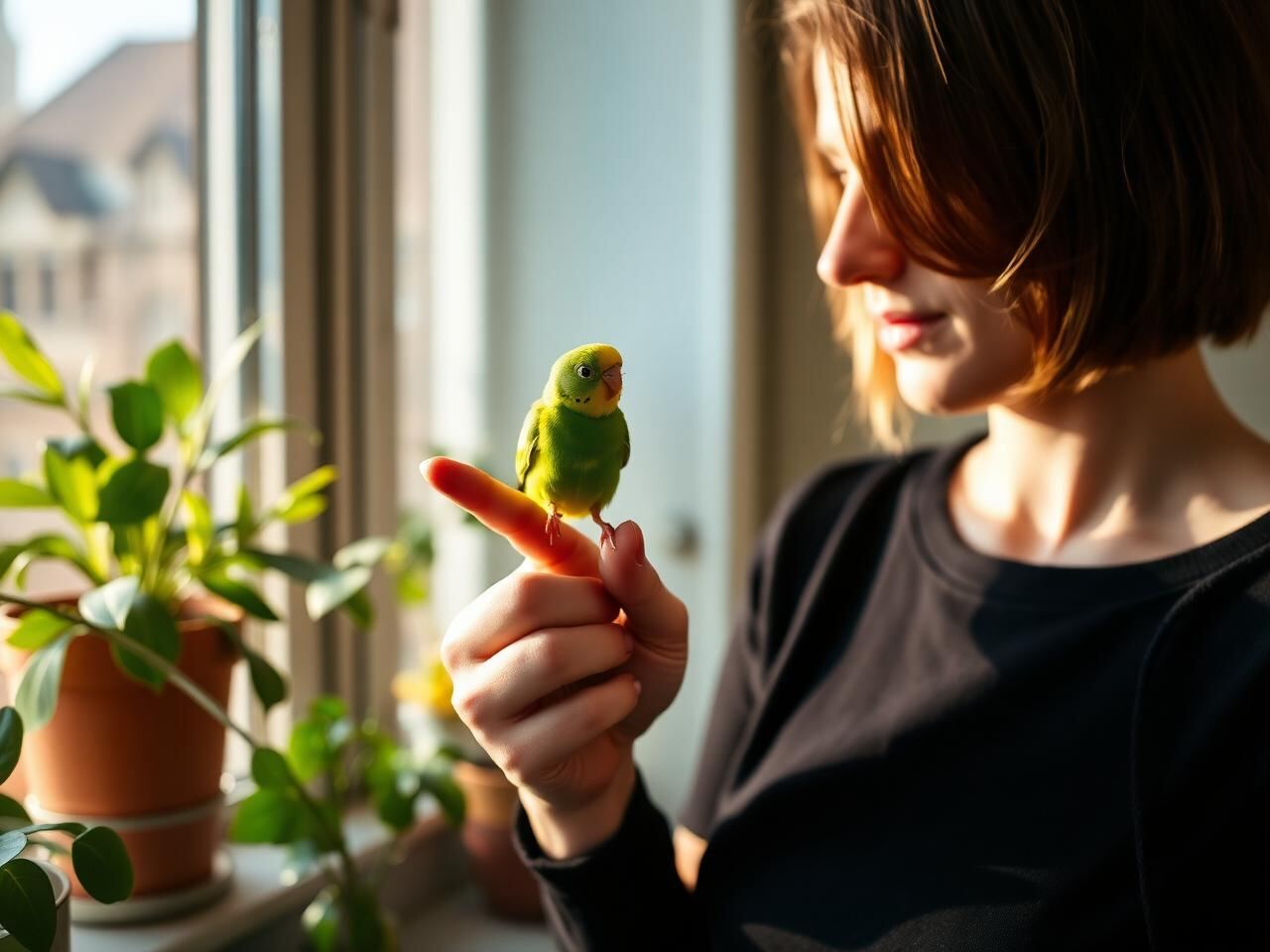 Emily Carter with one of her budgies near a sunlit window